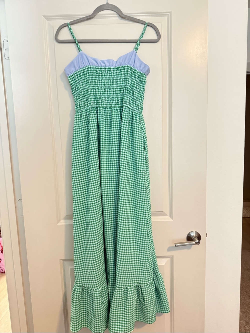 THML Green Gingham Maxi Dress with Light Blue Bodice